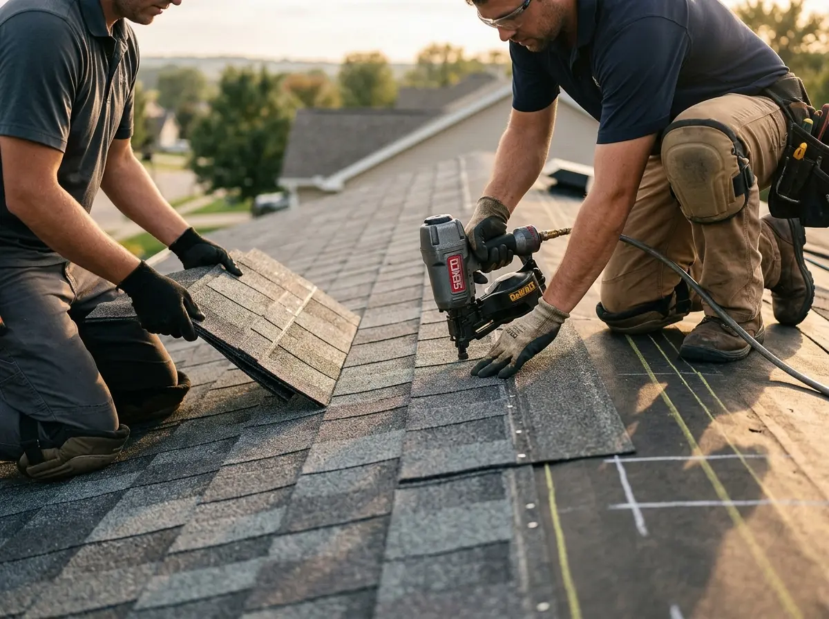 Professional roofer working on a residential roof in Osage Beach